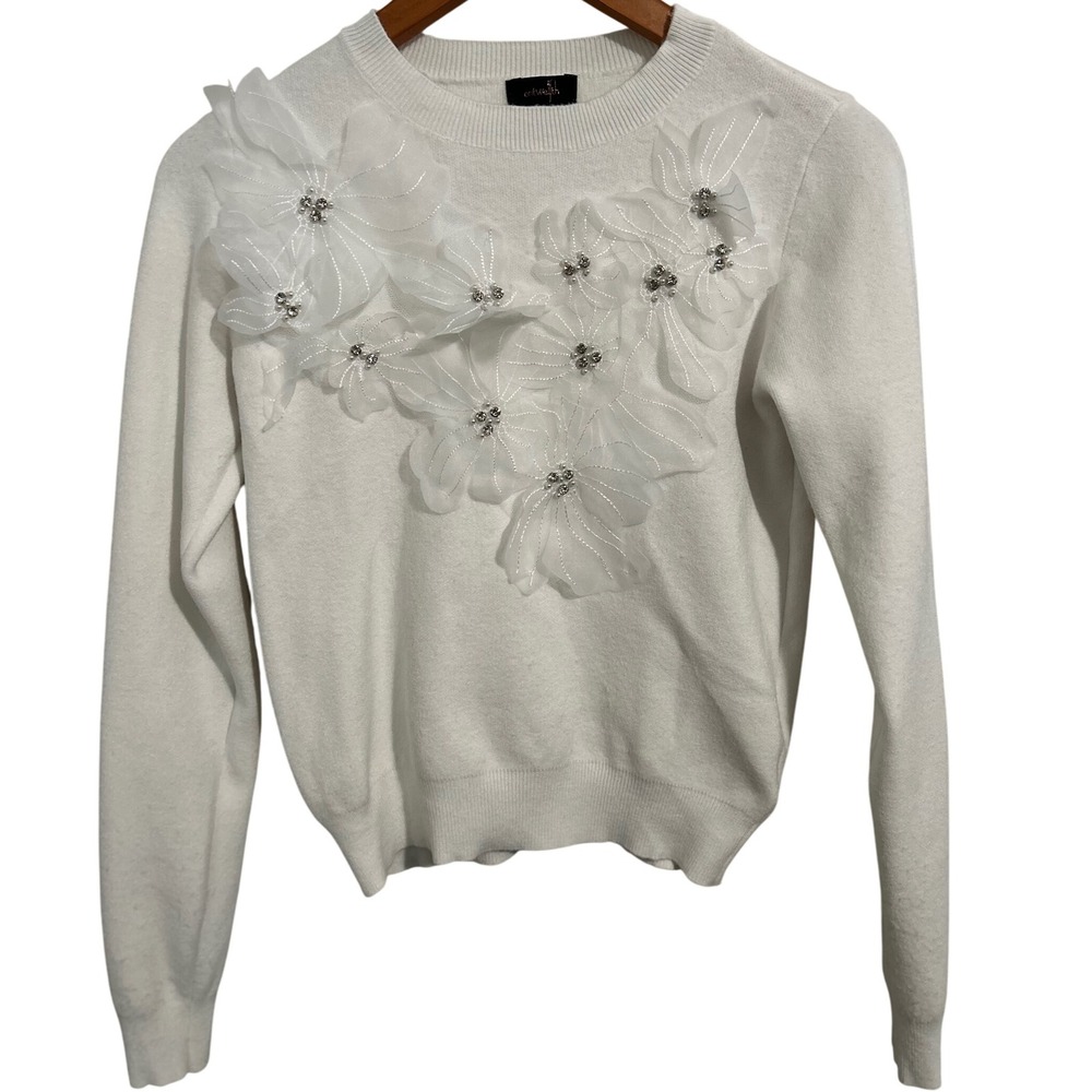 On Twelfth White Sweater w/ Dainty Flowers and Gems Across Front Women's Small
